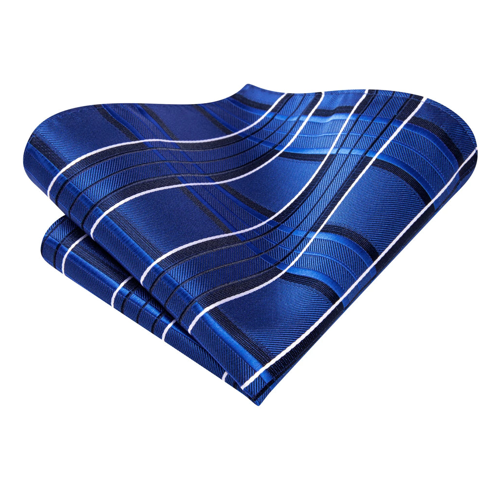 Hi-Tie Navy Blue Striped Plaid Fashion Mens Elegant Tie Handkerchief Cufflinks Set Wedding Party Accessories Gift for Men Gravat Qme