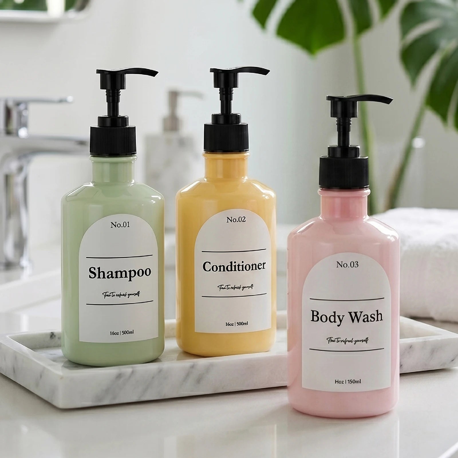 Refillable Shampoo Dispenser Bottle, 16oz 500ml Plastic Pump Bottle with Label for Conditioner, Body Wash, Liquid Soap, Bathroom Qme