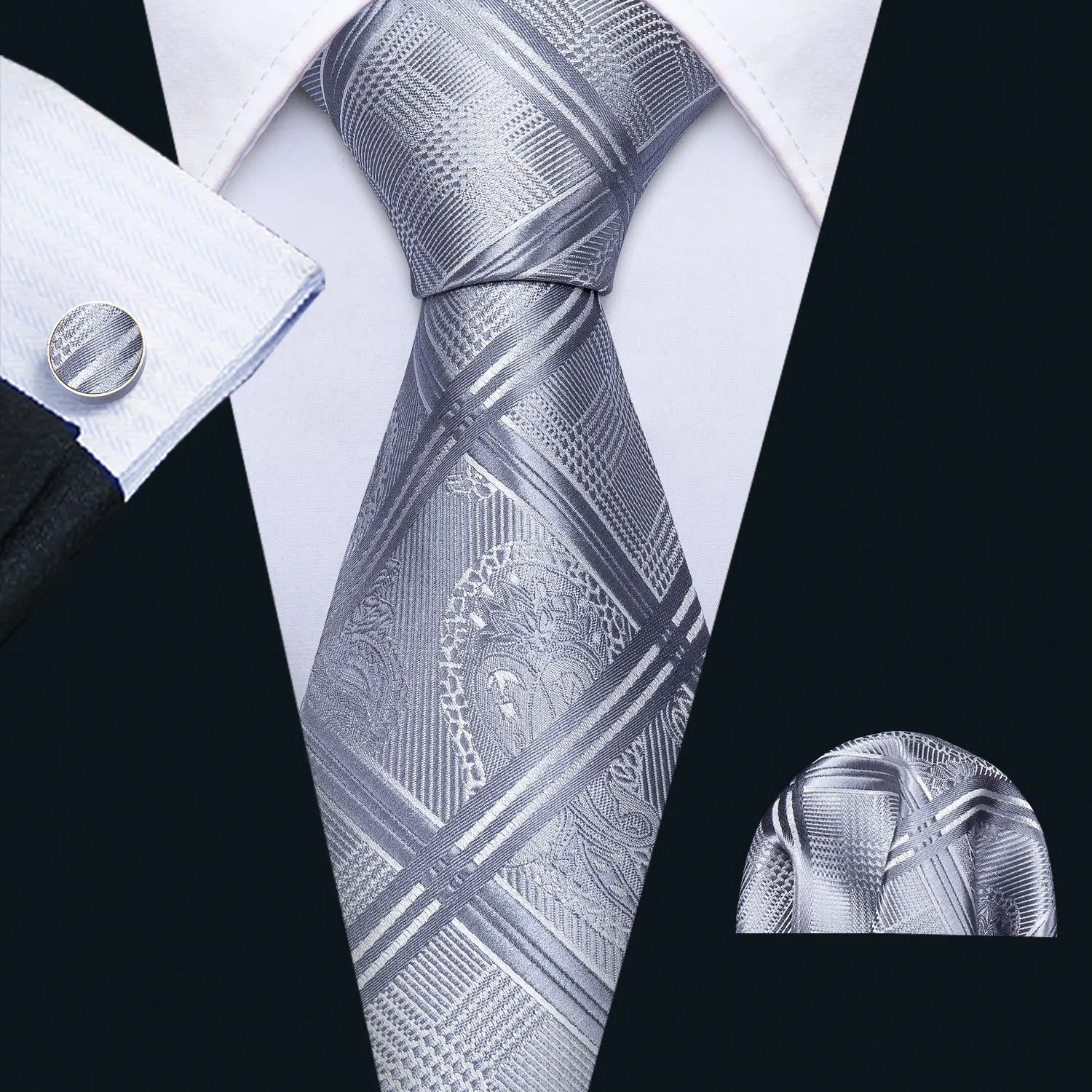 Black Geometric Tie Tie For Men Wedding Tie Party Necktie Handkerchief Cravat Barry.Wang Fashion Designer Tie Set LS-5225 Qme 5153