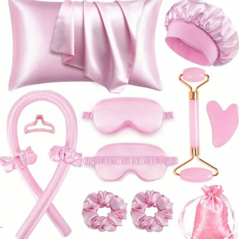 No Heat Curling Wand Set Lazy Summer Cool Silky Curls Kit with Shower Cap Eye Mask Easy Styling Hair Tool for Women Qme 12pcs pink