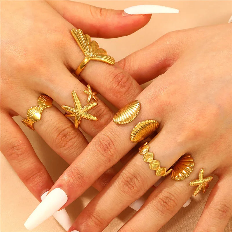 Ocean Starfish Shell Open Ring Set For Women Gold Color Stainless Steel Finger Rings Summer Beach Aesthetic Waterproof Jewelry Qme