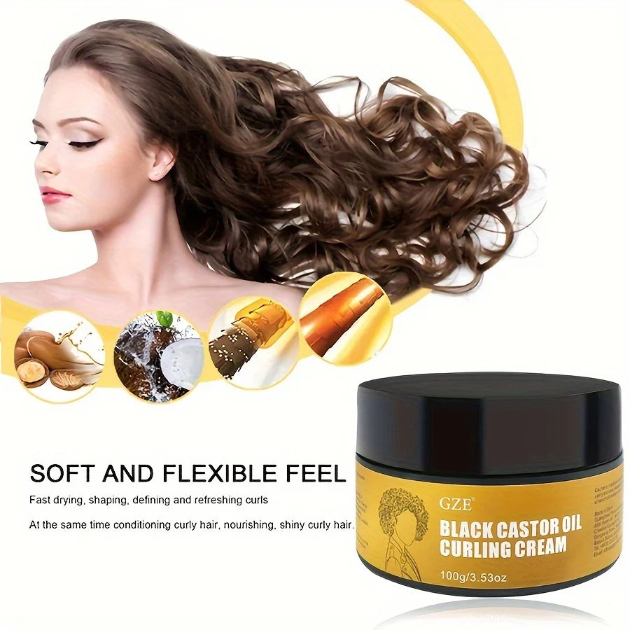GZE Black Castor Oil Curl Defining Cream Non-stick Hydrates & eliminates frizz, Hair-Smoothing Anti-Frizz Cream to Define Qme