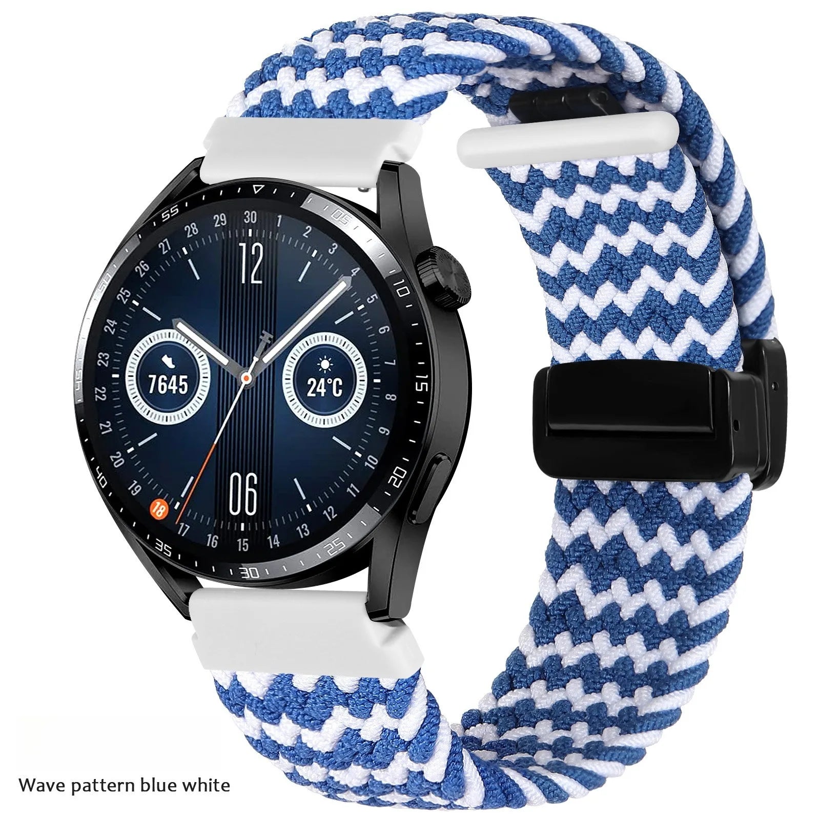 A Adjustable Nylon Braided Watch Strap with Folding Buckle Magnetic Wristband for Samsung Watch 5 6 7 Huawei GT5 GT6 Qme Wave blue white 20mm