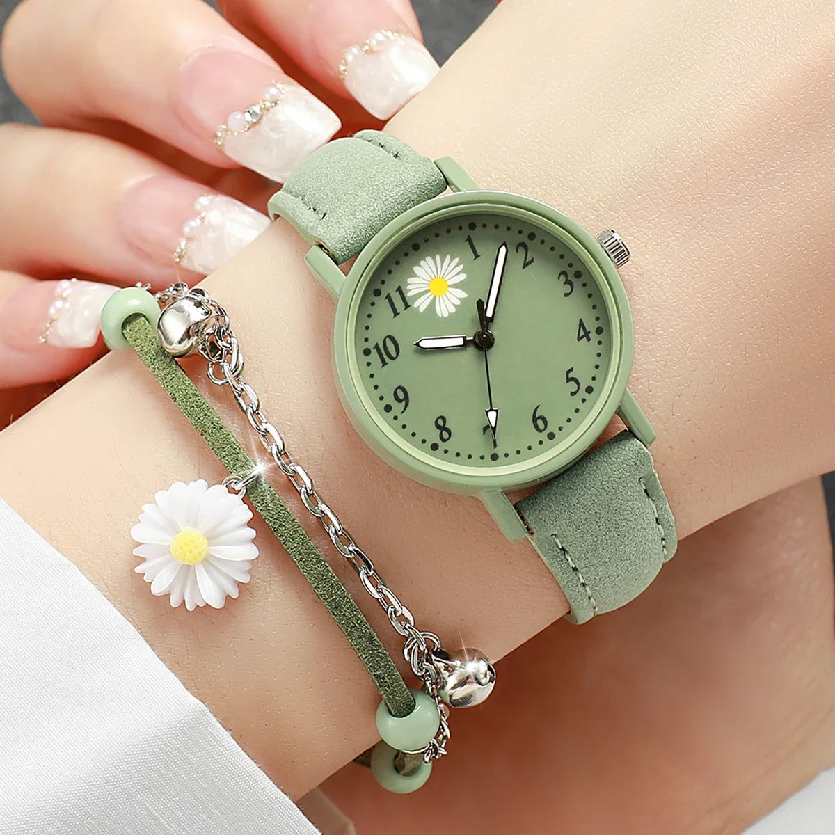 Relógio de quartzo casual árabe feminino, pulseira de couro, conjunto de pulseiras, flor, moda, 2 peças Qme green