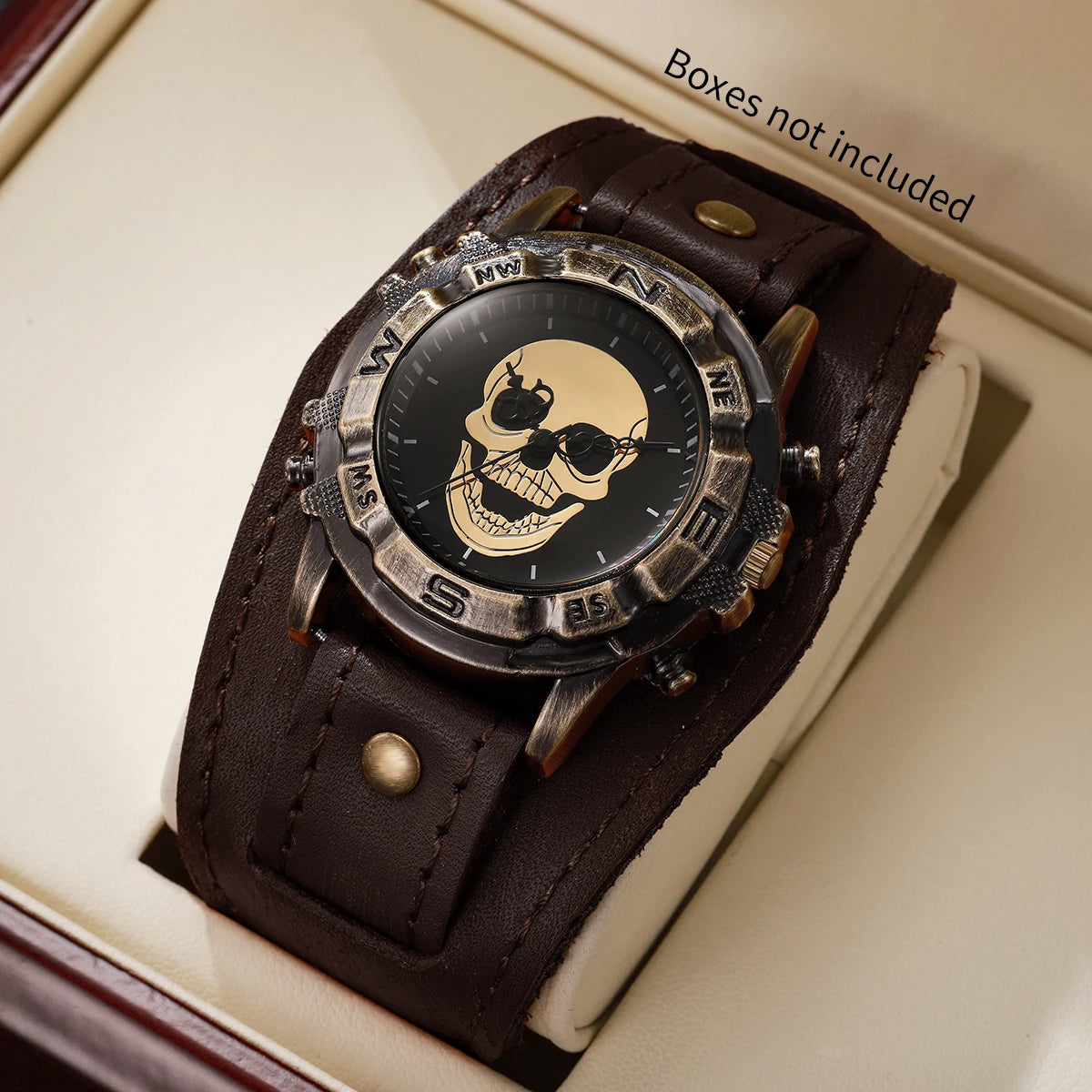 Men Punk Skull Quartz Watch Wide Black Leather Band Compass Bezel Vintage Retro Male Wrist Watch Gift Qme Brown No Box