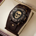 Vintage Skull Men Watch Wide Brown Leather Strap Compass Bezel Punk Style Large Dial Quartz Wrist Watch for Male Qme Brown No Box