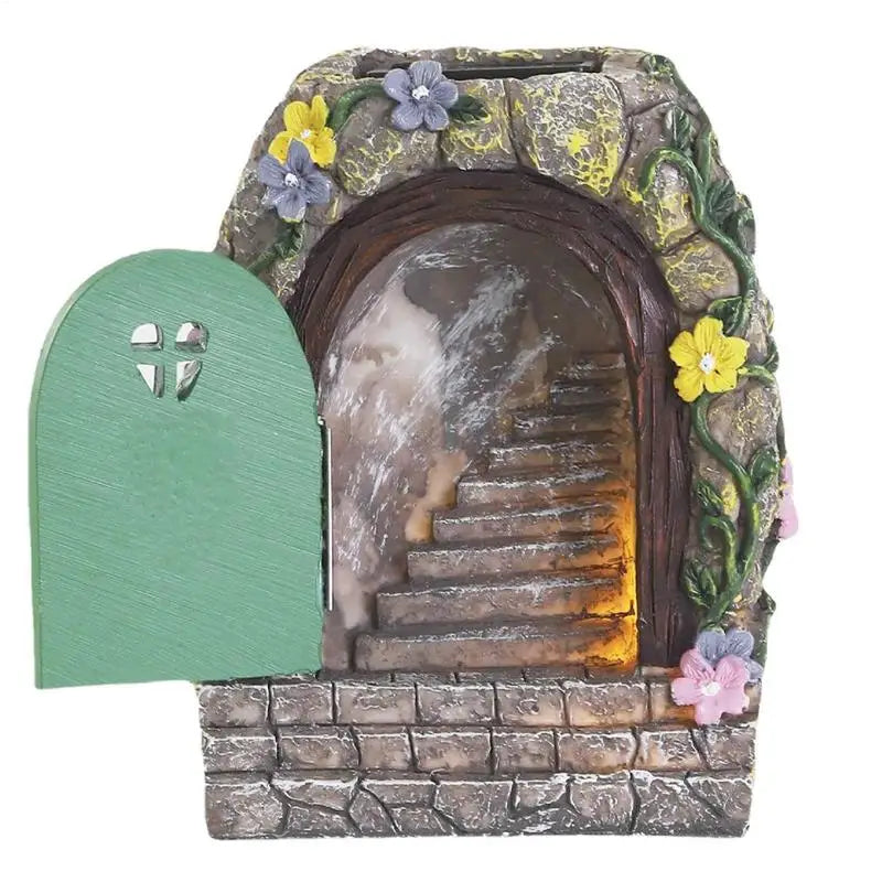 Garden Fairy Door Statue Outdoor Fairy Garden Gate Resin Tree Miniatures With Steps And Open Door Mystical Lighted House Qme China Mainland
