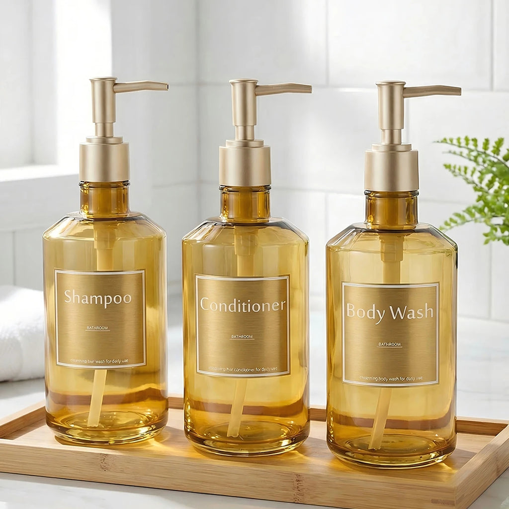 3PCS Shower Soap Dispenser Bottles with Waterproof Labels, Luxury Guest Bathroom Decoration Gold Bottles for Shampoo Conditioner Qme