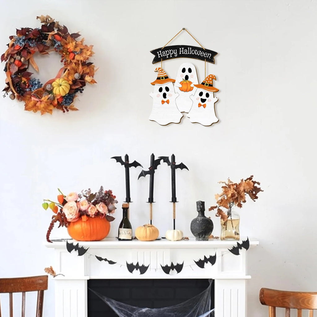 Halloween 2D wooden wall hanging sign, "Happy Halloween" banner, ghost pumpkin decoration with witch hat, Halloween home Decor Qme