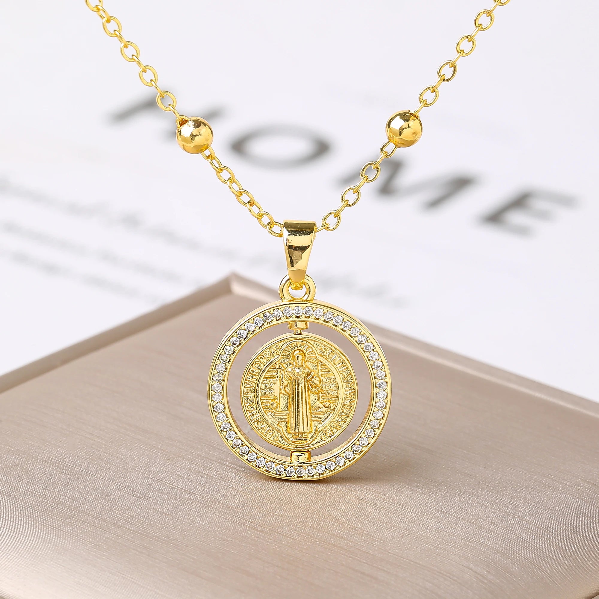 New Fashion Round Rotating St. Benedict Zirconia Pendant Necklace—Lucky for Women's Party Gold/Rose Gold Jewelry Amulet Gift Qme 3