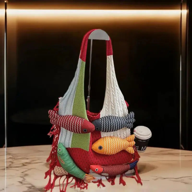 Creative Tassel Knitted Splicing Shoulder Bag Cute Little Fish Tote Qme