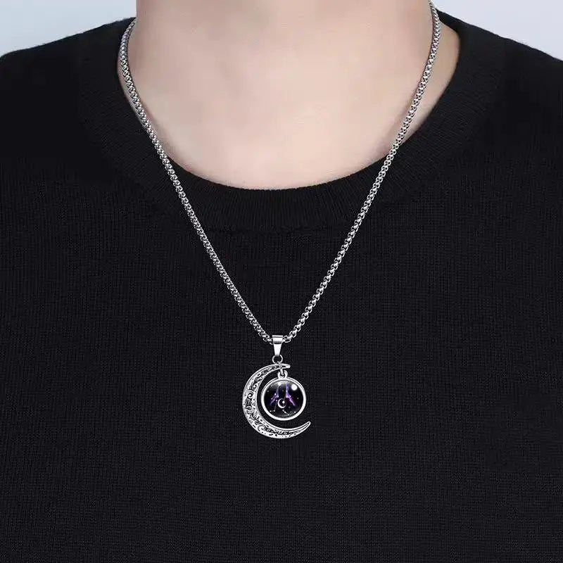 12 Constellation Luminous Necklace Zodiac Signs Jewelry Crescent Moon Pendant Glow In The Dark Necklace Birthday Gifts Unisex Qme