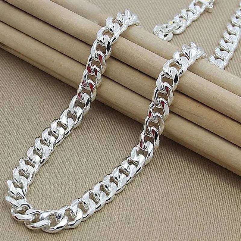 925 Silver Man Necklace 10MM - 20/22/24 Inches Cuban Chain Necklace for Women Fashion Wedding Jewelry Christmas Accessories Qme 10mm Silver necklace 60cm