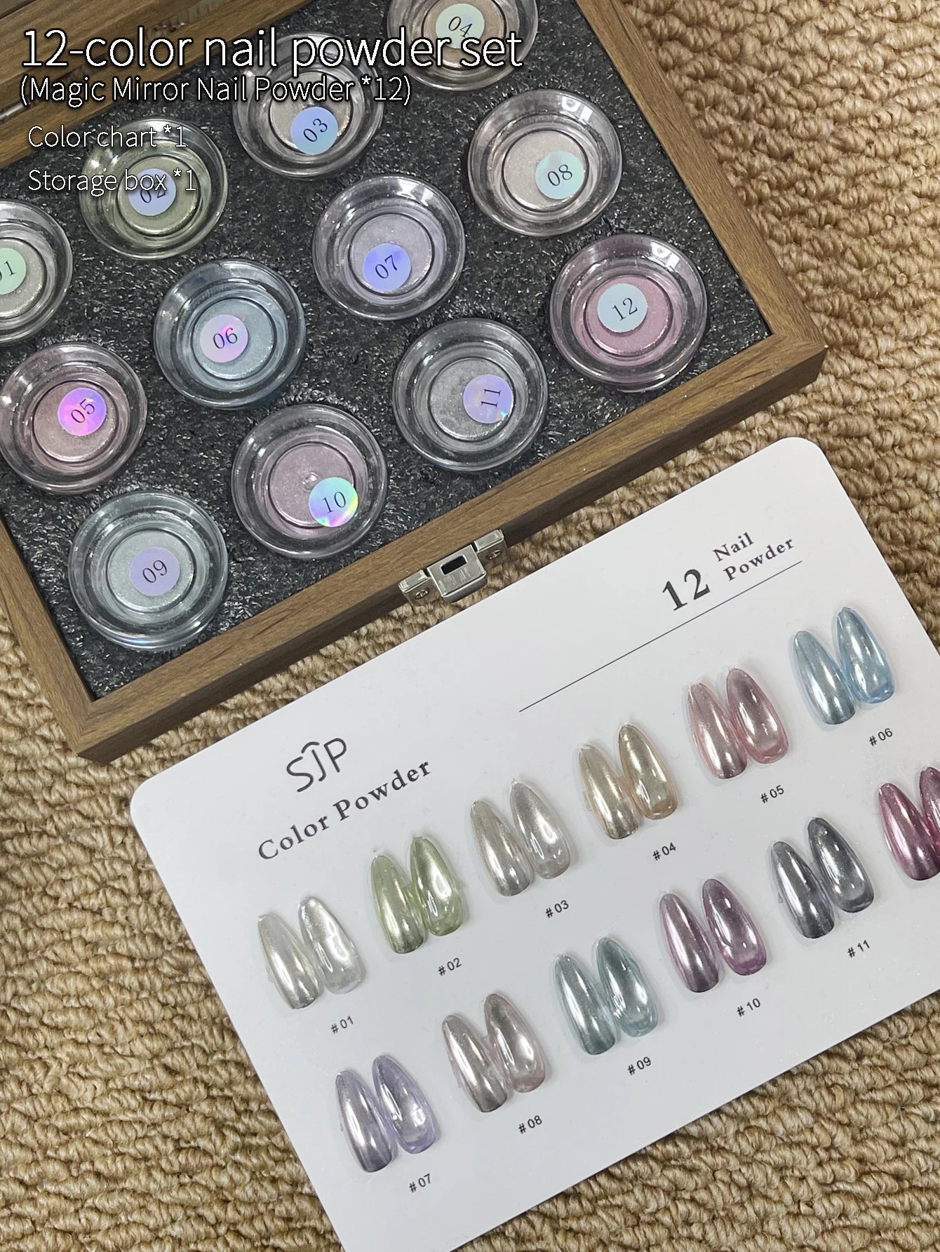 12-Color Fresh Magic Mirror Nail Powder Cards Storage Box DIY Art Qme