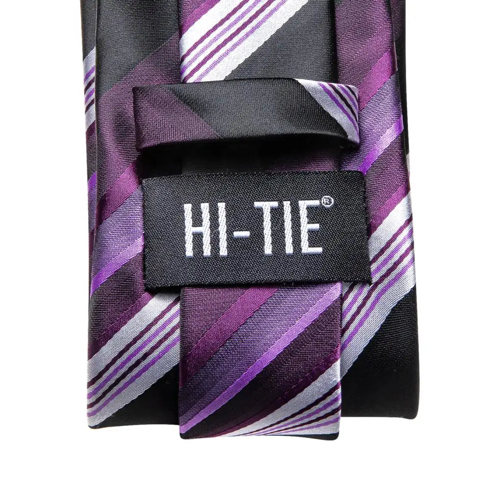 Striped Purple White Tie With Brooch Silk Elegent Necktie For Men Handky Cufflink Fashion Wedding Business Party Hi-Tie Designer Qme