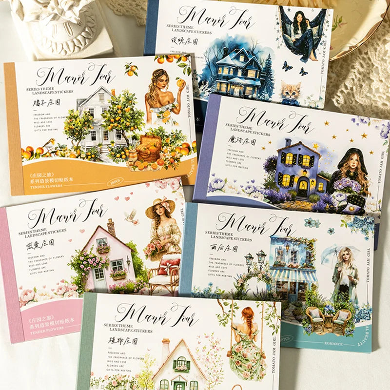 18 Sheets/Bag Manor Scenery Die-Cut Stickers Book for Scrapbook Journal DIY Planner Phone Case Notebook Decoration Craft Gift Qme