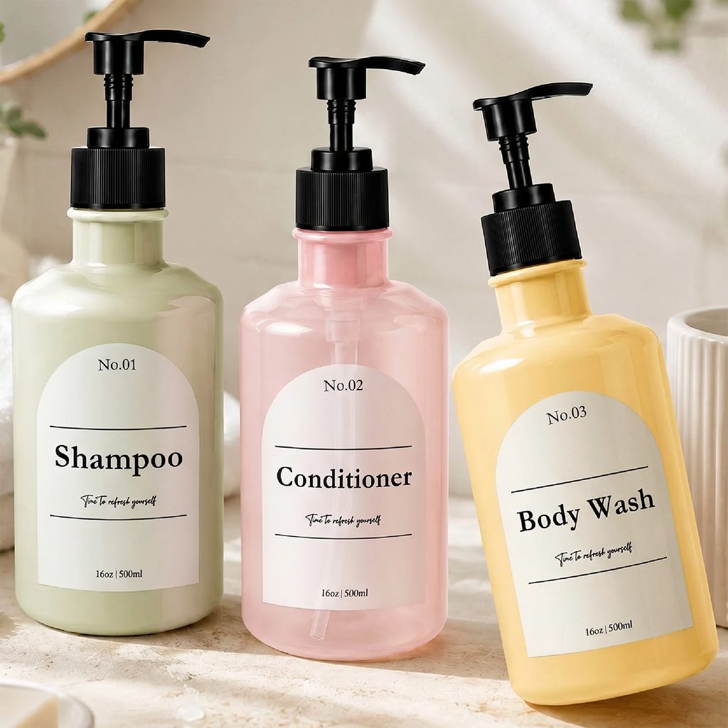 Refillable Shampoo Dispenser Bottle, 16oz 500ml Plastic Pump Bottle with Label for Conditioner, Body Wash, Liquid Soap, Bathroom Qme