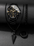 A men's quartz watch paired with a bracelet, necklace and ring. Suitable as a birthday gift. Does not include the box. Qme 4PCS WATCHES-H