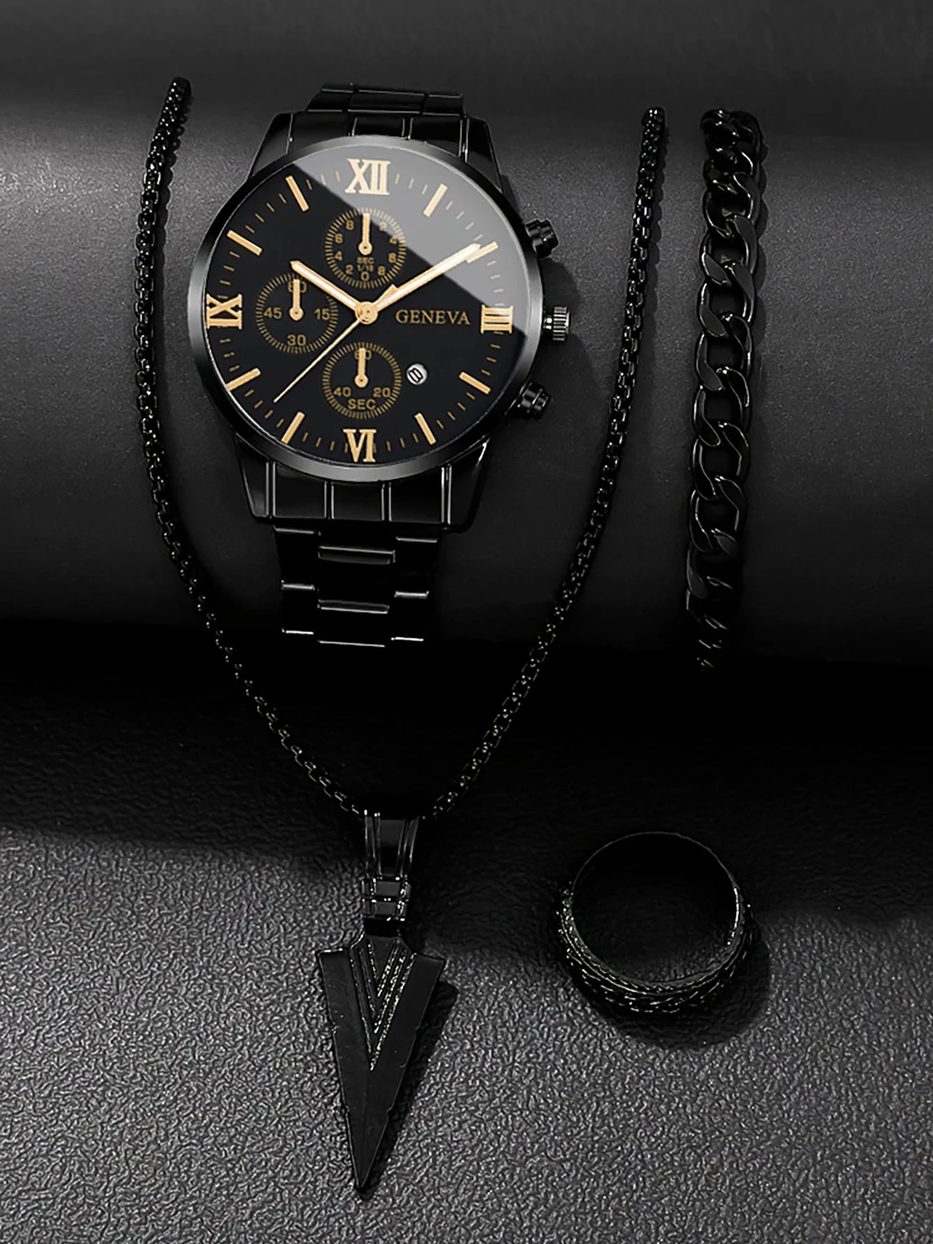 A men's quartz watch paired with a bracelet, necklace and ring. Suitable as a birthday gift. Does not include the box. Qme 4PCS WATCHES-H