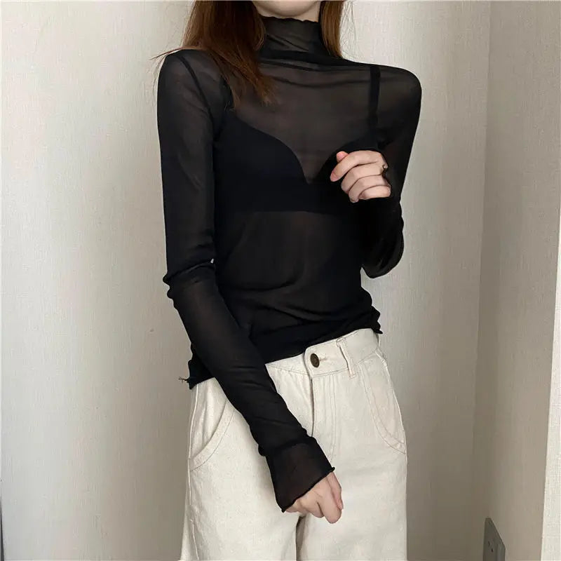 Floral Lace Shirt Spring Autumn Long Sleeve Sexy Mesh Bottoming Shirts Ladies Solid Turtleneck Silk T-Shirt Lace Crop Top Qme