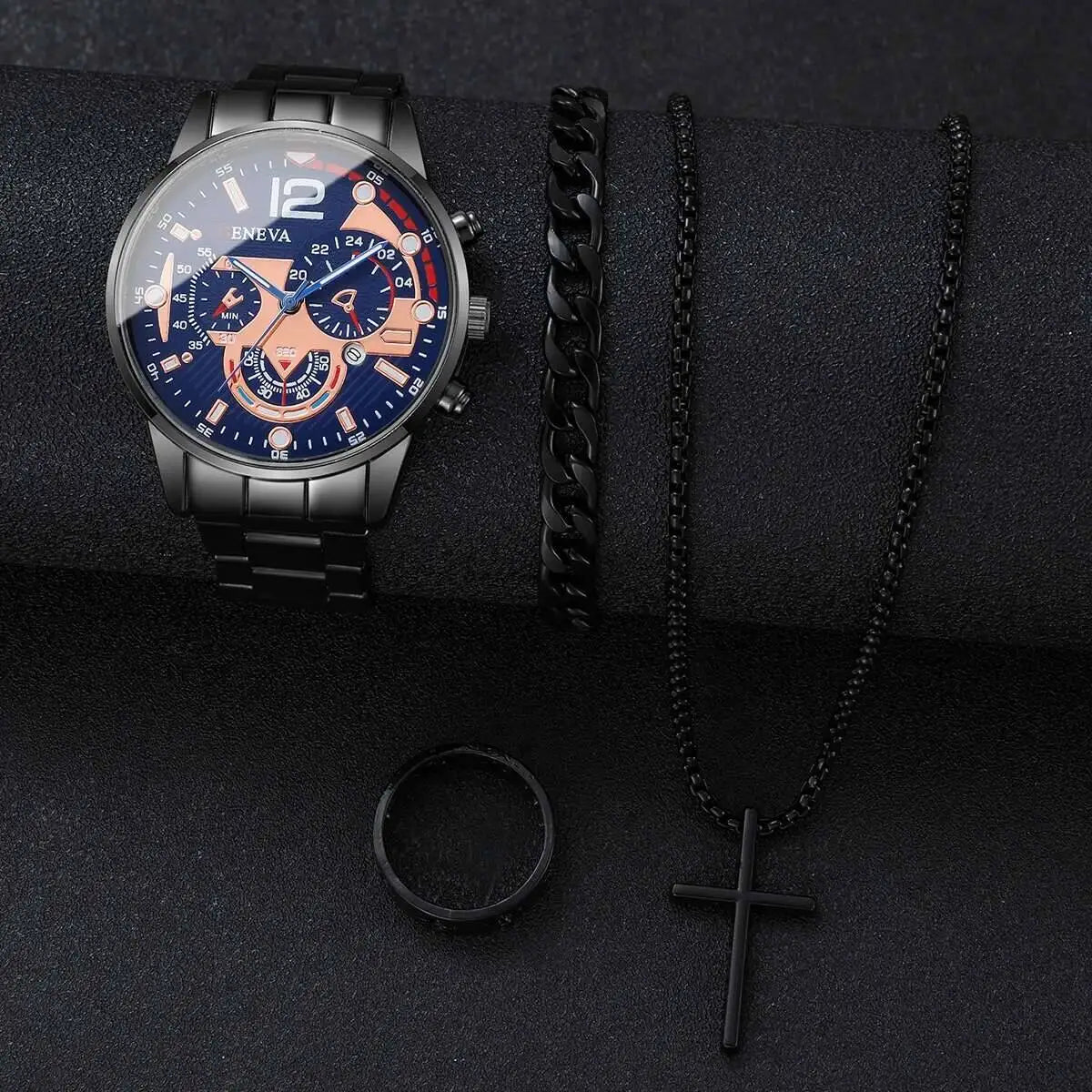Business Men's Watch Calendar Watch Men's Steel Belt Watch Cross Bracelet Set Trendy Men's Accessories Qme blue