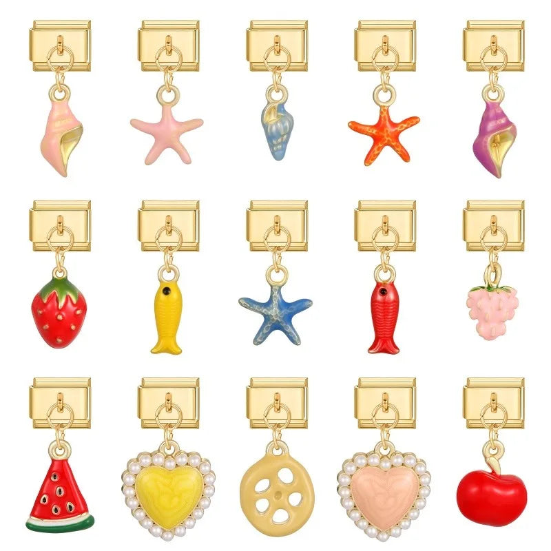 New Lotus Root Slices Stars Apple Gold Color Pendant Italian Charm Links Fit 9mm Stainless Steel Bracelet Women DIY Making Gifts Qme