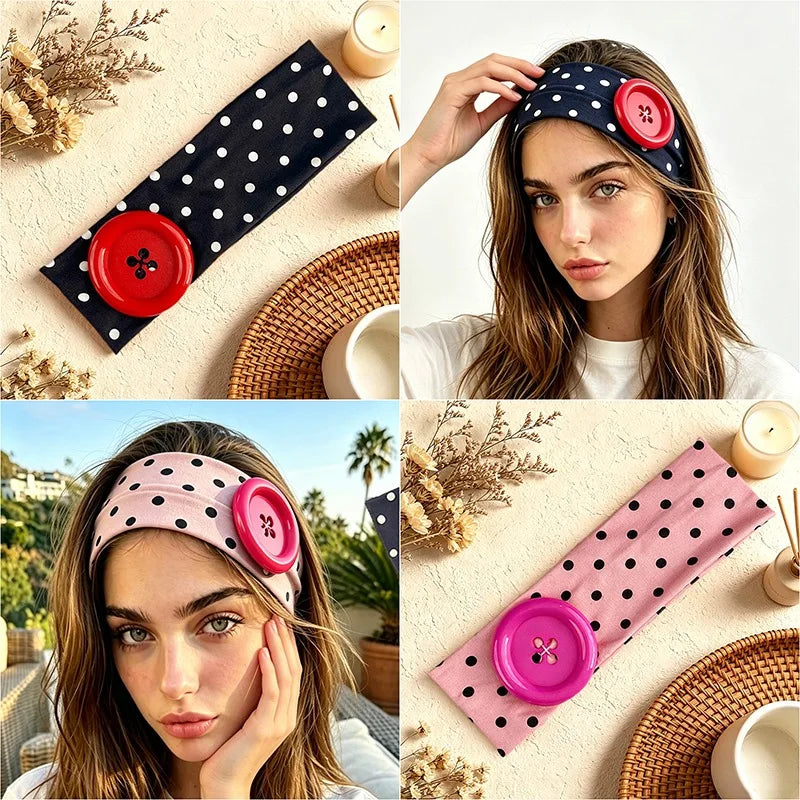 2026 Y2K Big Button Elastic Headband Sweet Cute Polka Dot Wide Yoga Hairband Dopamine Colorful Hair Accessories for Women Girls Qme