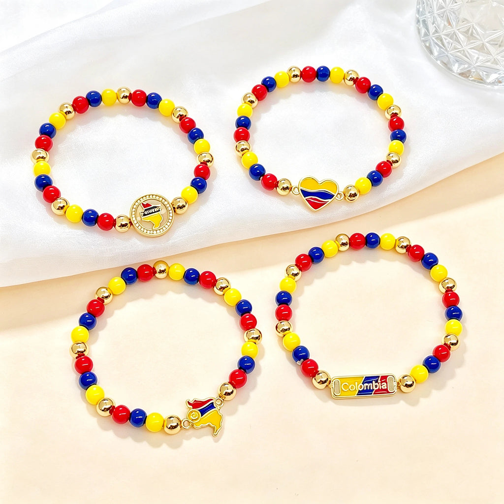 New Enamel Art Gold Plated Venezuela Mexico Colombia Flag Beaded Stretch Bracelet for Men Women Holiday Anniversary Jewelry Qme