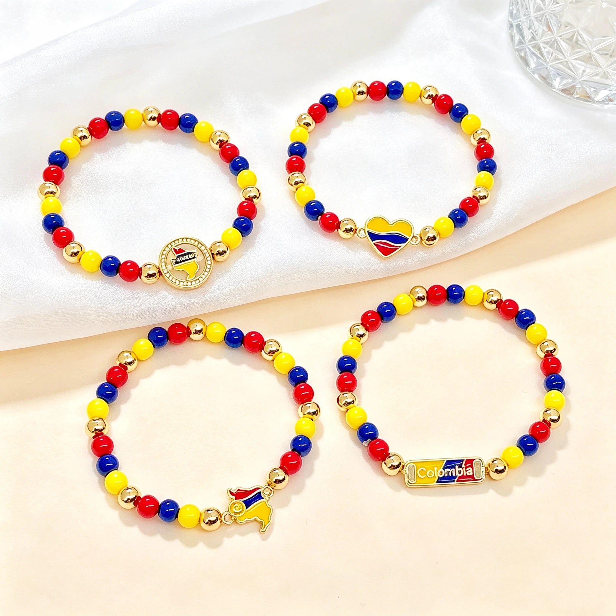New Enamel Art Gold Plated Venezuela Mexico Colombia Flag Beaded Stretch Bracelet for Men Women Holiday Anniversary Jewelry Qme