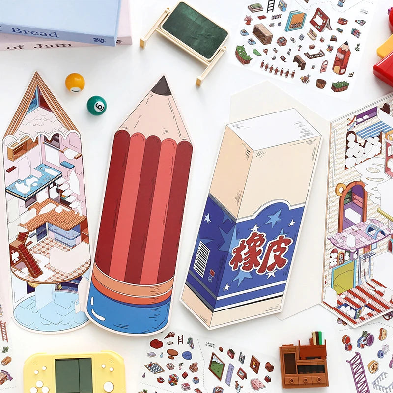 Pencil House Scene Sticker Set, Miniature DIY Decor Stickers for Stress Relief, High-Value Healing Stickers for Collection Gifti Qme