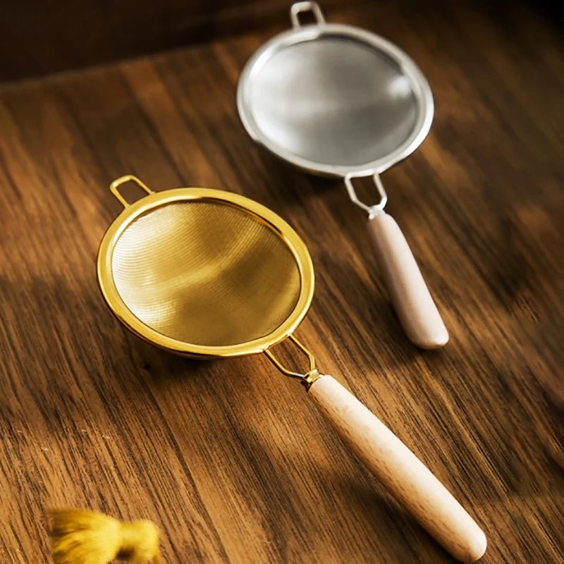 Creative Stainless Steel Tea Drain Reusable Long Wooden Handle Qme