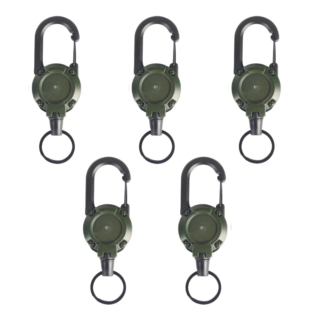 Heavy Duty Retractable Rope Carabiner Outdoor Steel Wire Rope Spring Key Chain Multi Functional Rebound Anti Loss Rope Buckle Qme Army Green 5pcs
