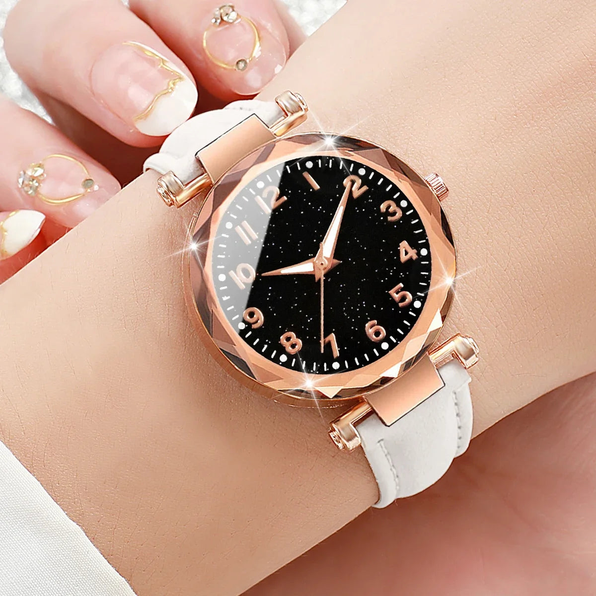 5pçs moda céu estrelado dial relógios femininos simples casual pulseira de couro mulher relógio de quartzo reloj mujer presente Qme 2