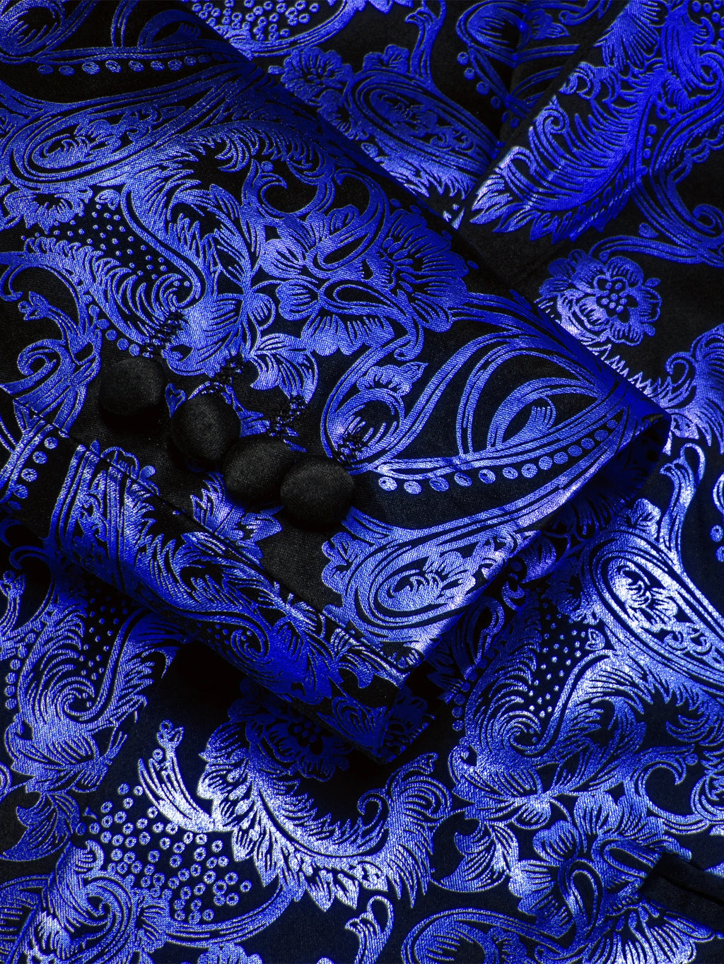 Mens Royal Blue Paisley Jacquard Shawl Lapel Blazer Luxury Single Breasted Tuxedo Jacket Formal Suit Coat for Wedding Prom Party Qme