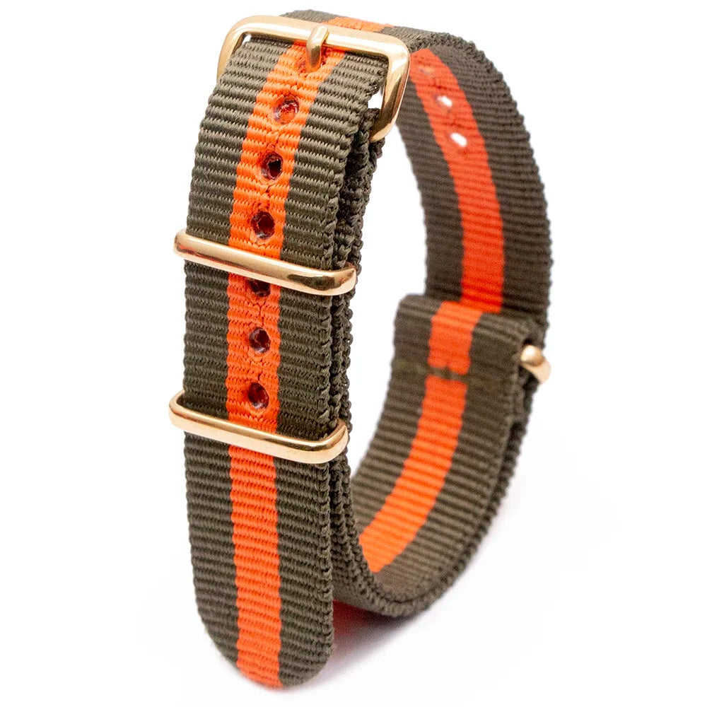 High Quality Luxury Striped Nylon Smart Watch Strap 18MM 20MM 22MM Gold Square Buckle Wear-resistant Woven Strap Qme 2Green1Orange 18mm