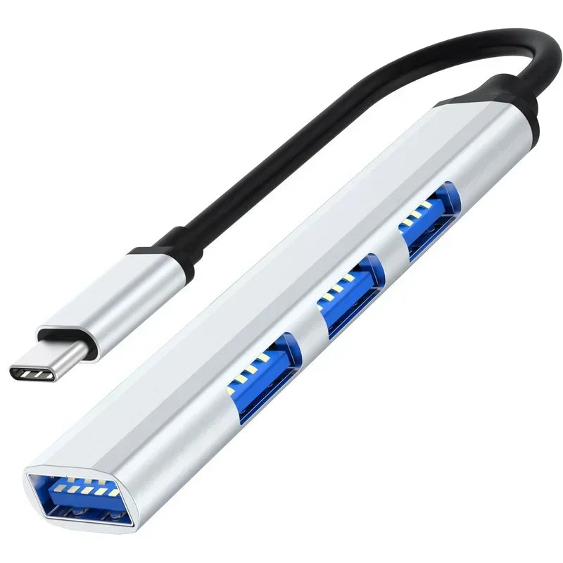 4 Ports USB 3.0 Hub Mini Aluminum Alloy Quick Charger Adapter Splitter Portable 5Gbps Power Supply HUB for Laptop Mouse USB Hub Qme Type-c silver