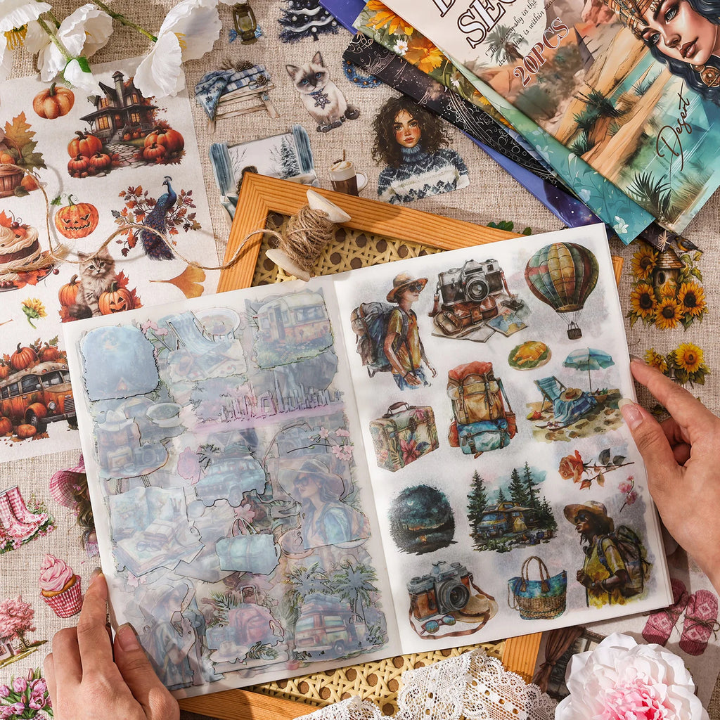 20 Sheets Retro Flower character PET Die cut Stickers book Handmade Decorative Scrapbooking Account Creative Stationery Supplies Qme