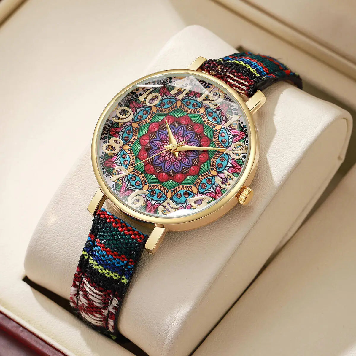 2/3/5PCS Fashion Women Watches Vintage Flowers Printed PU Strap Quartz Watch Reloj Mujer（Without Box） Qme Black Without Box