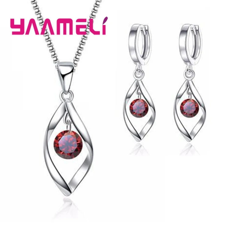 CZ Necklace Earring Bridal Jewelry Sets Wholesale S925 Sterling Silver Color Shining Cubic Zircon Water Drop Wedding Engagement Qme Red