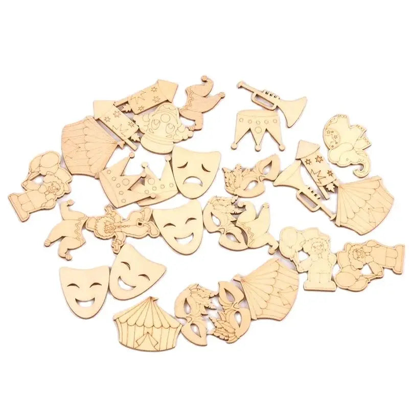 30Pcs 16-38mm Creative Wooden Pieces Carnival Circus Clown/Mask/Crown Handmade Supplies Wood Crafts DIY Scrapbooking Home Decor Qme