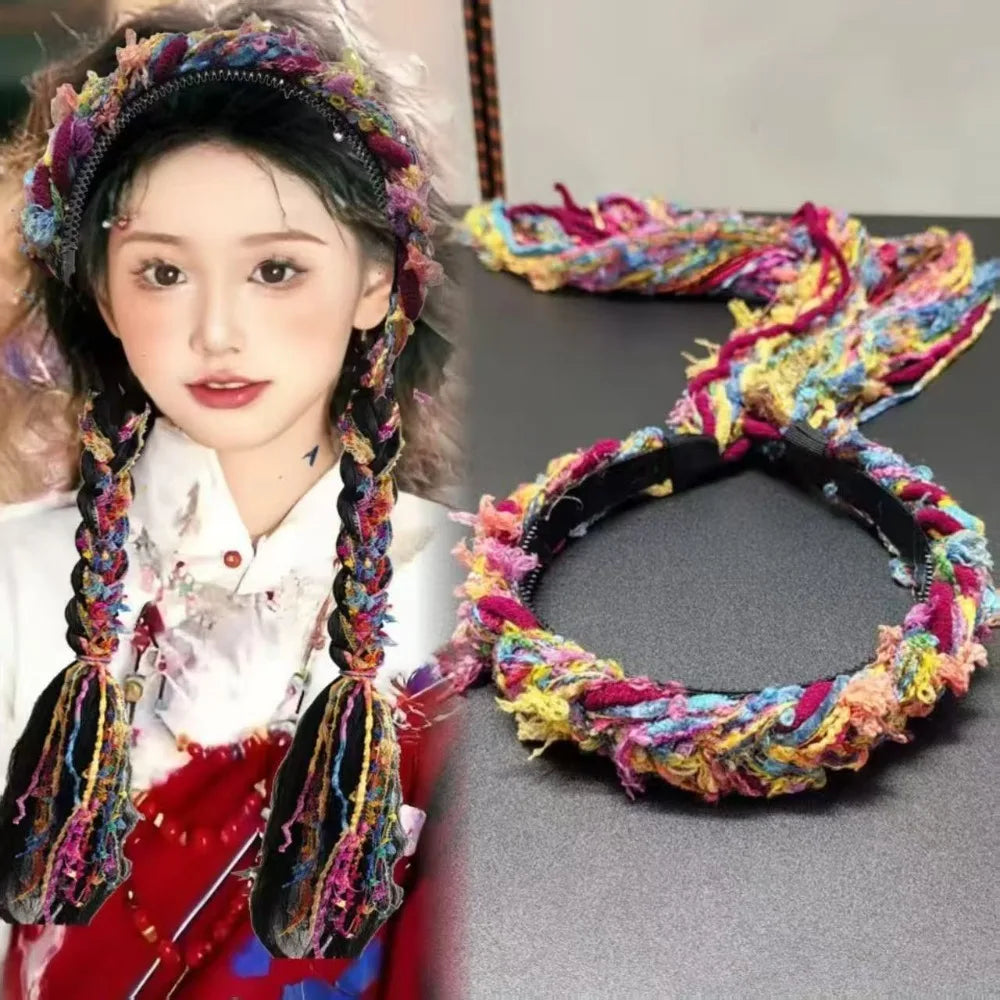 Boho Style Chinese Tibetan Hairband Colorful Ribbon Long Tassel Braid Hairband Candy Colored Weaving Ethnic Hair Hoop Qme Red-Yellow