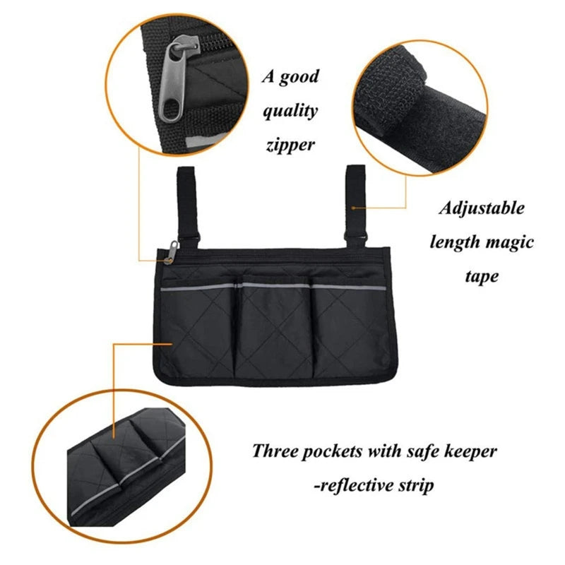 Wheelchair Armrest Storage Bag Waterproof Side Organizer Universal Qme