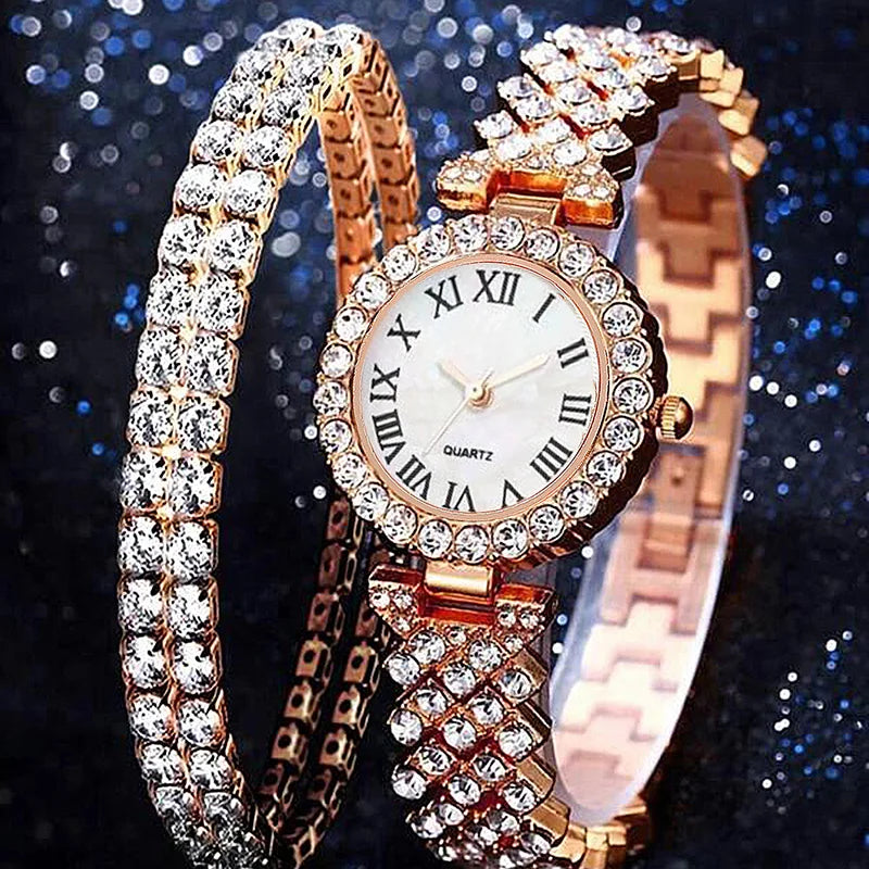 3pcs/set Watches Jewelry Set Round Pointer Quartz Watch & 2pcs Bracelet Fancy Women Watches Jewelry Qme Rose Gold