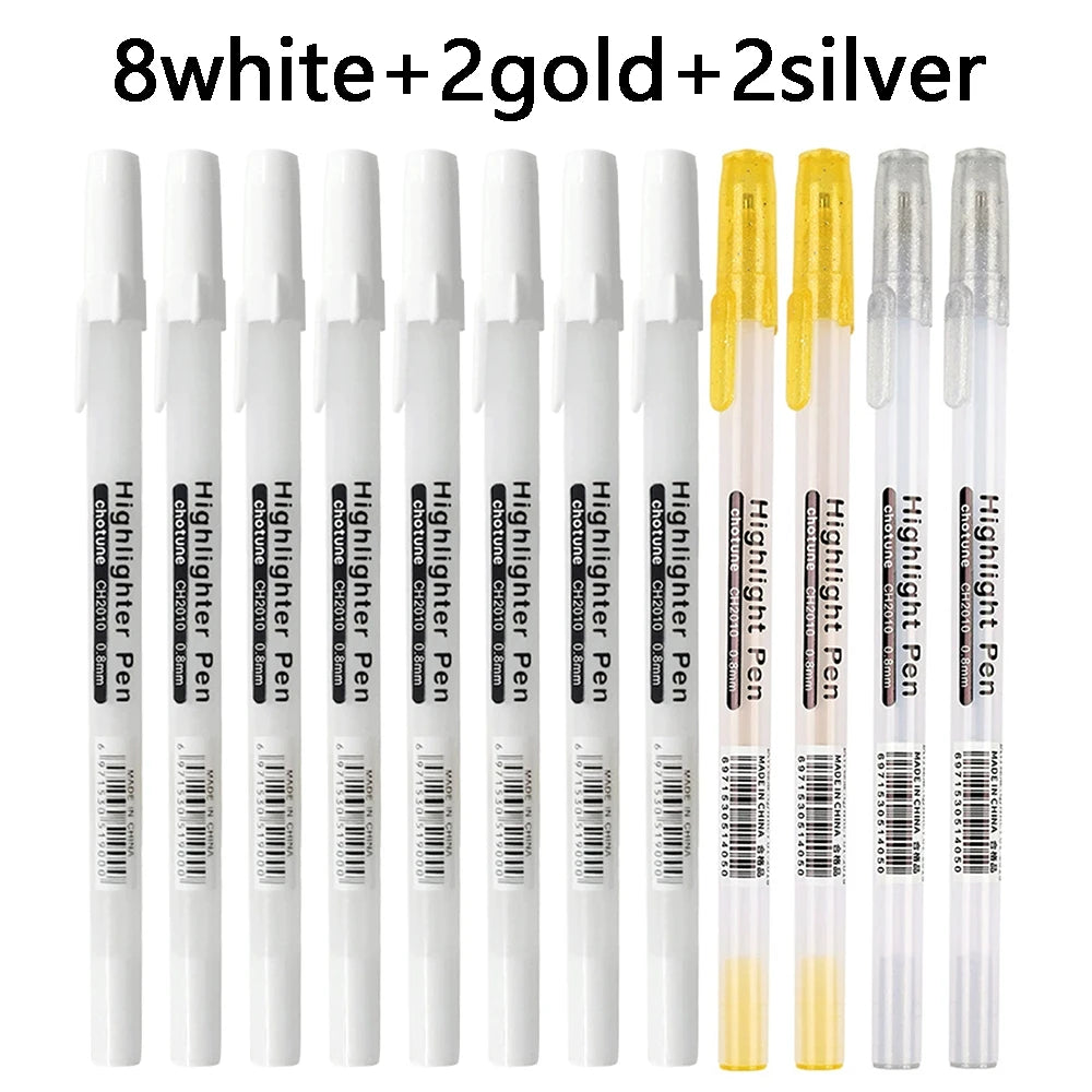 12/20/30 Pack of White Highlighter Pens, Suitable for Graffiti, Outlining for Art Students and Drawing, Ideal Writing Diaries. Qme 8white 2gold 2silver