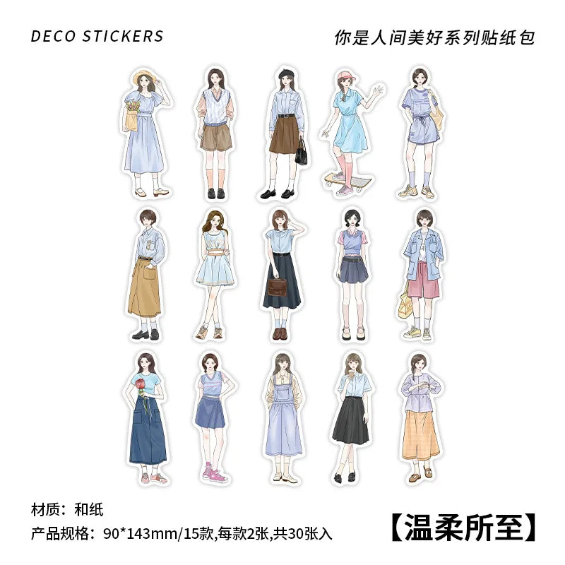 30Pcs/pack Creative Korean Cartoon Character Stickers DIY Manual Diary Scrapbook Materials Cute Stationery Stickers Qme C