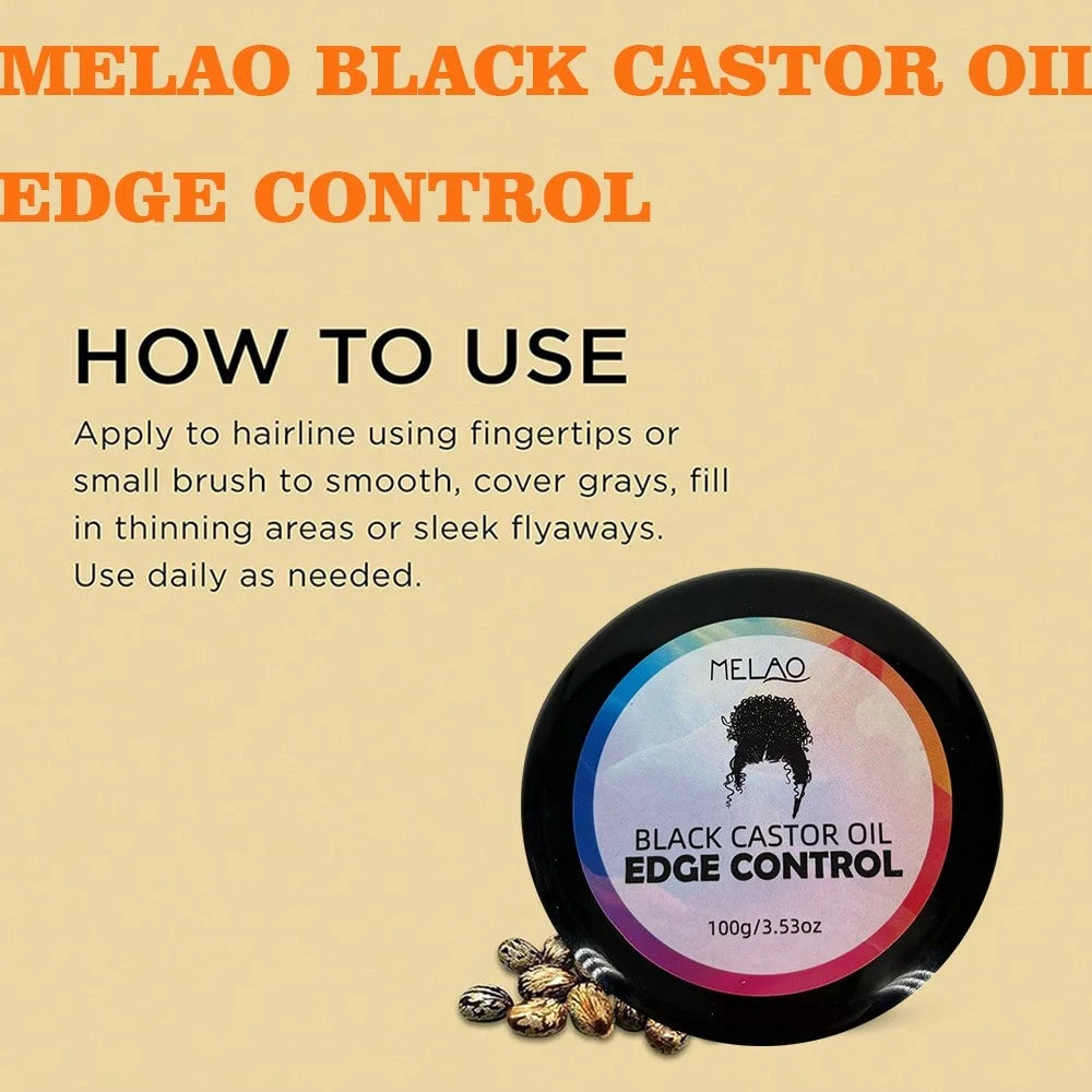 Black Castor Oil Edge Control, MELAO Strong Hold Edge Control Gel, for Natural & Textured Hair, Defines Hairline, Smoothes Holds Qme