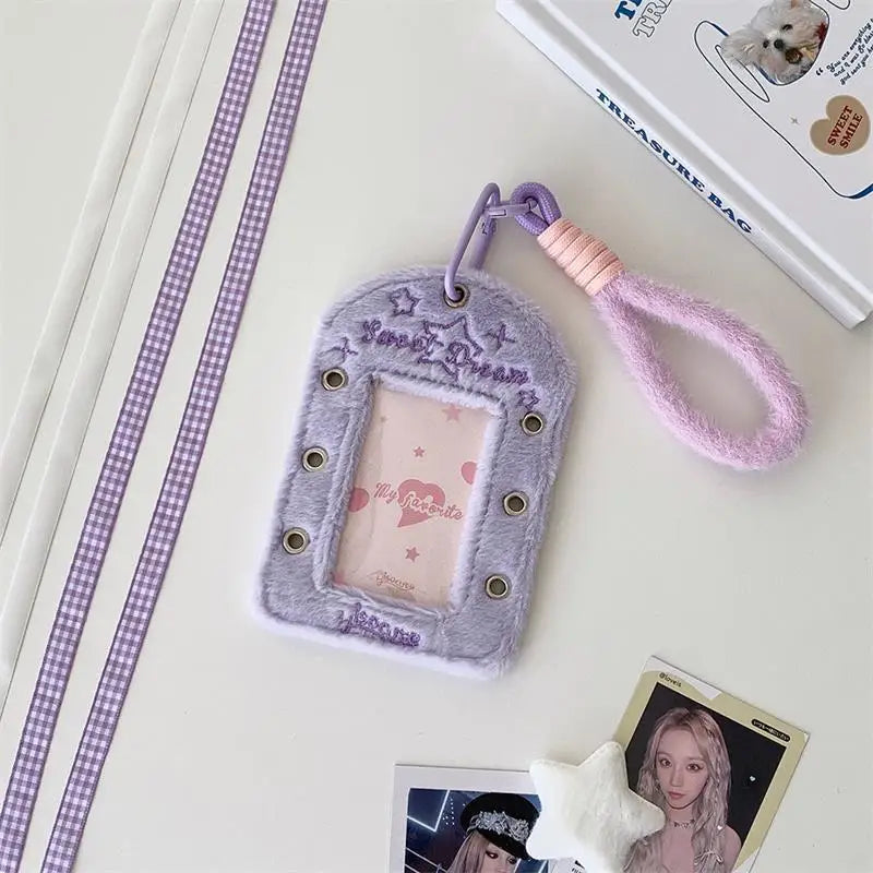 Cute Ballet-style Ribbon Photocard Holder Plush Card Lanyard Idol Qme Purple