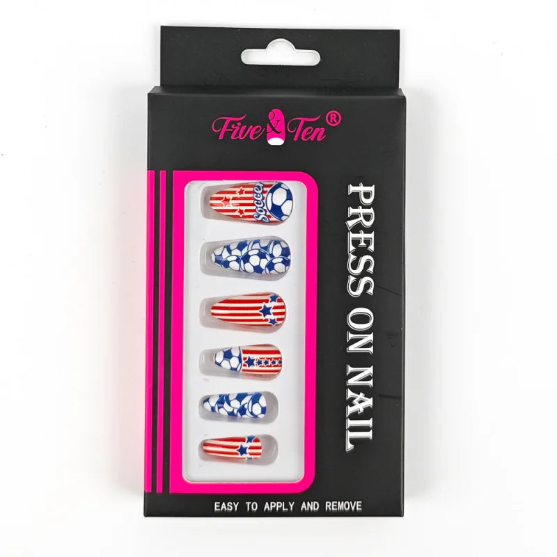 Red Blue Star Soccer Press On Nails Fan Party False Nails Easy To Apply And Remove Qme 1pcs 1