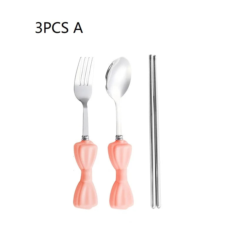 Tableware Portable Cutlery Bow-shaped Kitchen Supply Box Stainless Qme 3PCS A