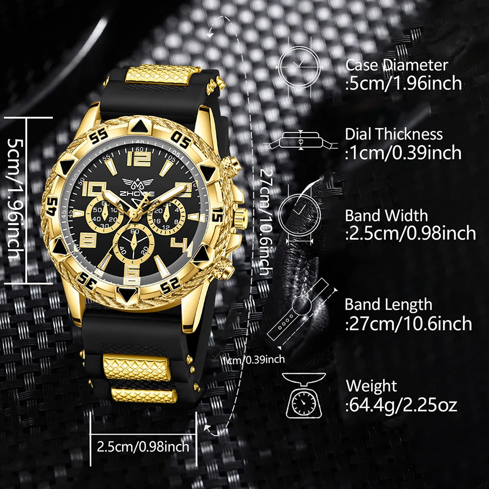4PPC Gold shell black tape three eye men's sports watch Cuban chain cross necklace hollow ring four piece set Qme